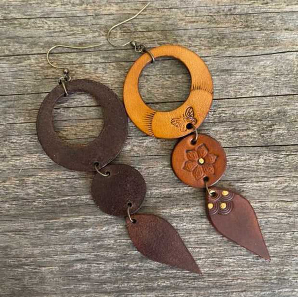 Boho-Style Handcrafted genuine  leather sunflower earrings tri-color