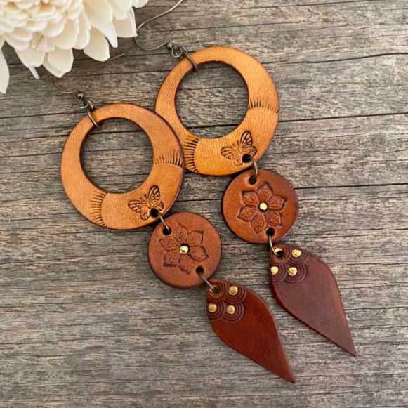 Boho-Style Handcrafted genuine  leather sunflower earrings tri-color