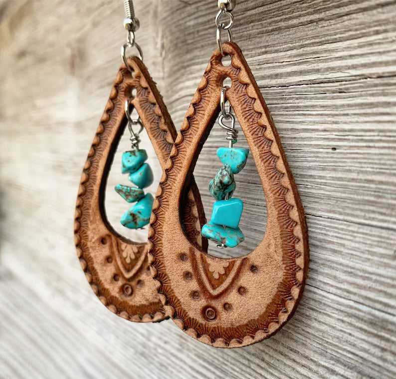 Boho-Style Handcrafted genuine  leather drop earrings with turquoise-colored beads