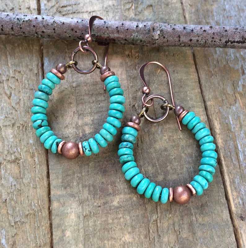 Genuine turquoise and cooper hoop earrings