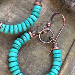 Genuine turquoise and cooper hoop earrings