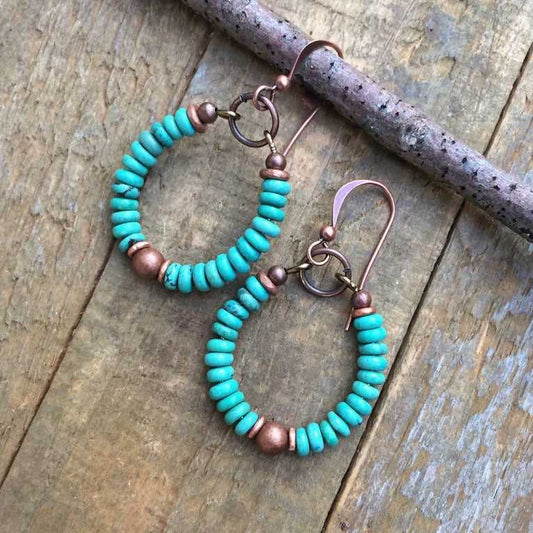 Genuine turquoise and cooper hoop earrings