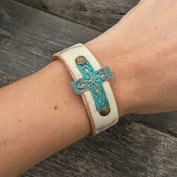 One of a Kind Genuine Leather Faith Bracelet with Vintage Cross