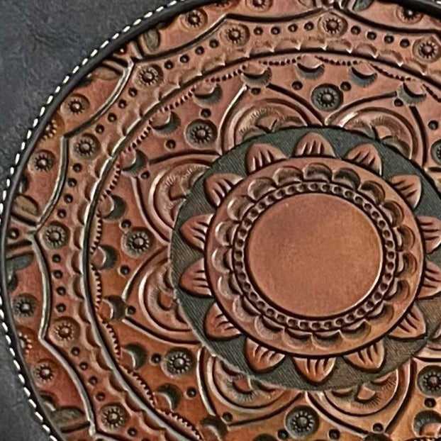 One of a Kind “FEDERICA” genuine leather bag with tooled mandala details