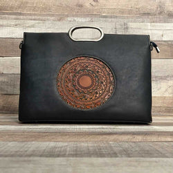 One of a Kind “FEDERICA” genuine leather bag with tooled mandala details