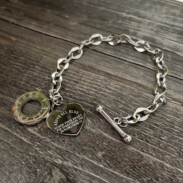 Proverbs 4:23 Engraved Pendant Chain Bracelet