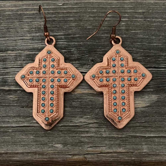 Christian Boho Copper Vintage Earrings Gold Rose Cross