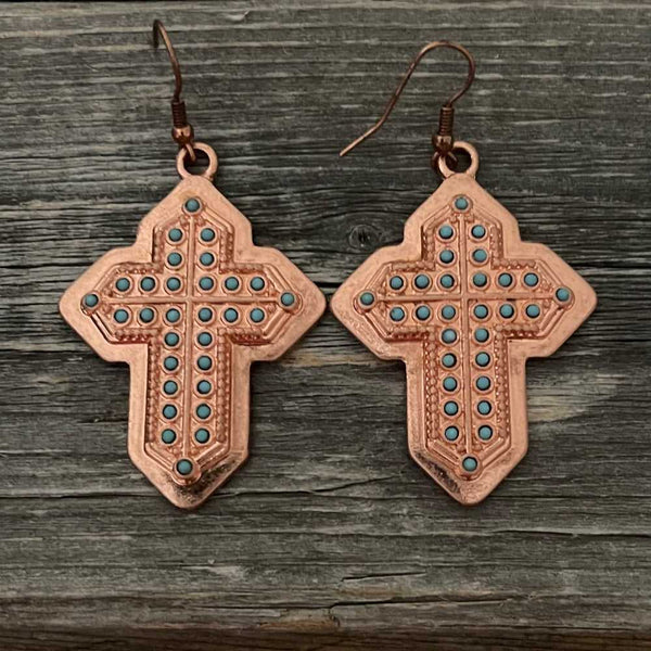 Christian Boho Copper Vintage Earrings Gold Rose Cross