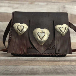 One of a Kind “MAJO” Moroccan, genuine leather bag with fringe, decorated with silver cooper and natural stone hearts