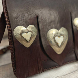 One of a Kind “MAJO” Moroccan, genuine leather bag with fringe, decorated with silver cooper and natural stone hearts