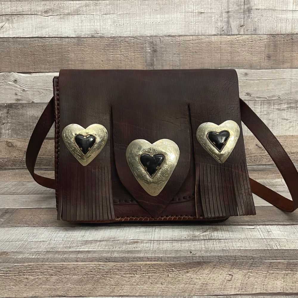 One of a Kind “MAJO” Moroccan, genuine leather bag with fringe, decorated with silver cooper and natural stone hearts