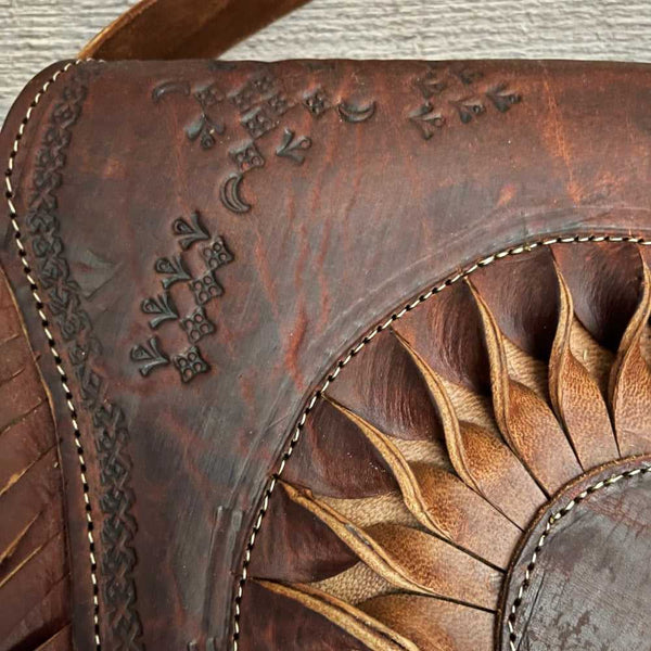 “MOROCCAN SUN” Moroccan, Genuine Hand-tooled Leather Bag with Sunflower Design
