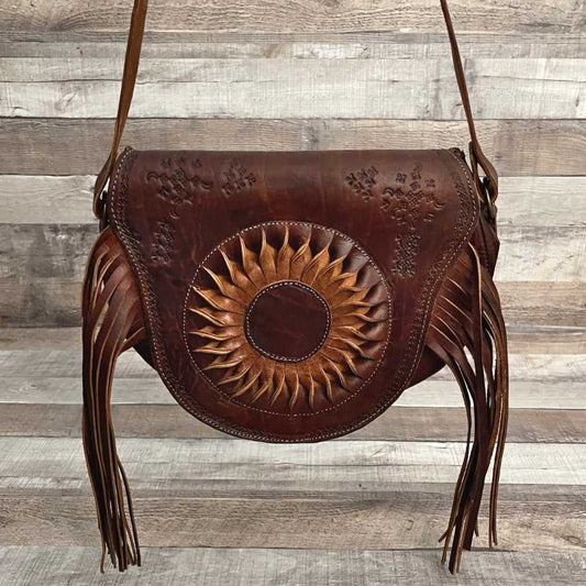 “MOROCCAN SUN” Moroccan, Genuine Hand-tooled Leather Bag with Sunflower Design