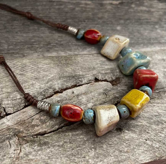 Unique ceramic squared beads adjustable necklace