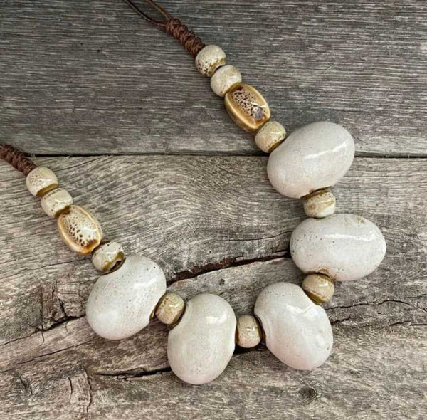 Unique ceramic big oval beads adjustable necklace