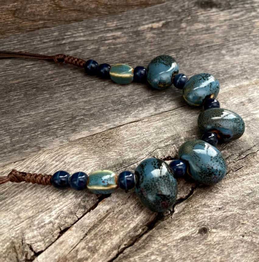 Unique ceramic big oval beads adjustable necklace