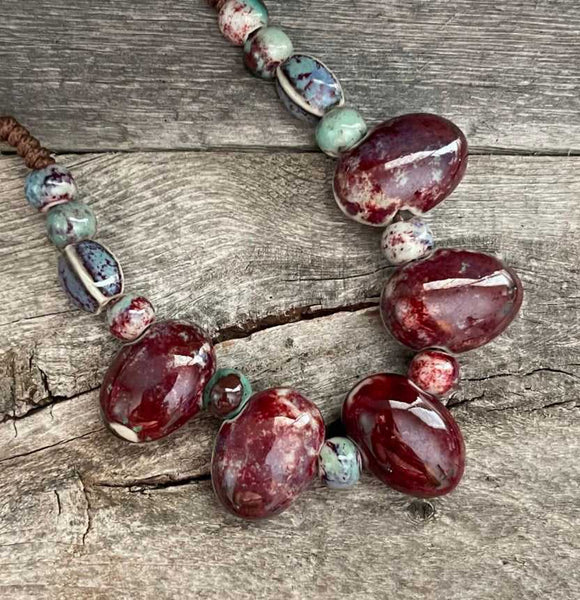 Unique ceramic big oval beads adjustable necklace