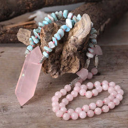 Natural rose quartz pendant with turquoise beads bold statement necklace