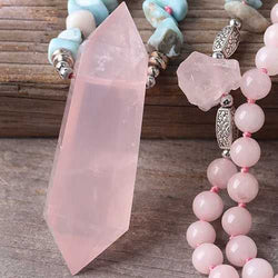Natural rose quartz pendant with turquoise beads bold statement necklace