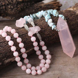 Natural rose quartz pendant with turquoise beads bold statement necklace