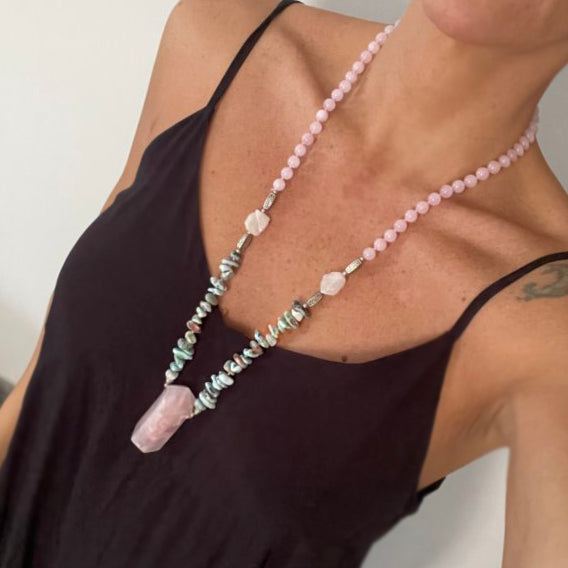 Natural rose quartz pendant with turquoise beads bold statement necklace