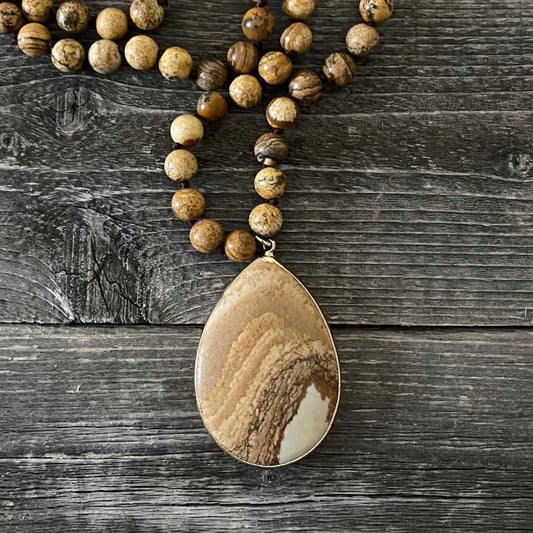 Natural stone bead necklace with semi-precious drop pendant