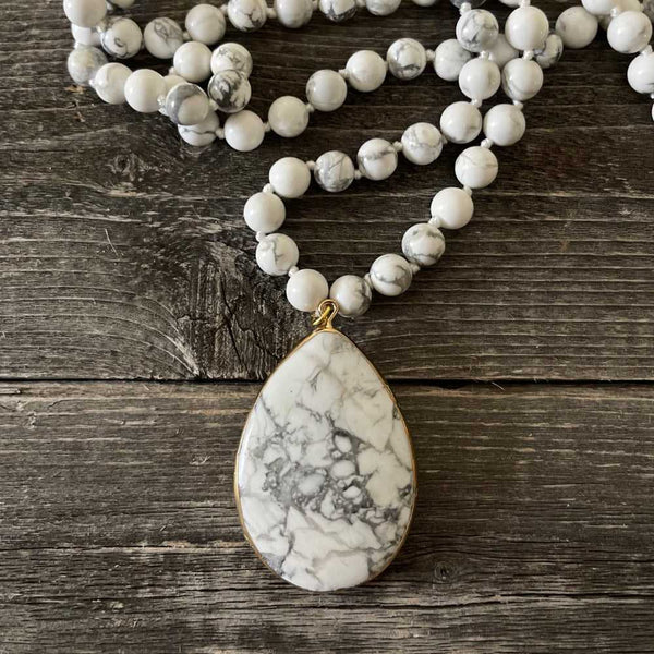 Natural stone bead necklace with semi-precious drop pendant