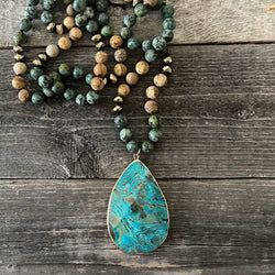 Natural stone bead necklace with semi-precious drop pendant