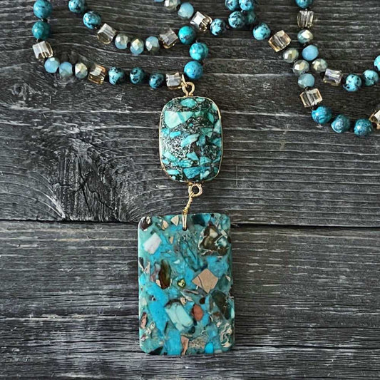Natural stone bead necklace with semi-precious drop pendant