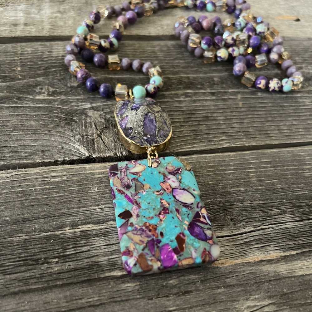 Natural stone bead necklace with semi-precious drop pendant