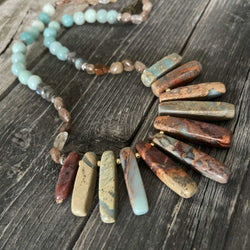 Natural Jasper and amazonite stone beaded necklace with gold plated accents