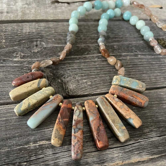 Natural Jasper and amazonite stone beaded necklace with gold plated accents