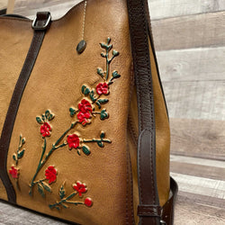 “JAPANESE BLOSSOM” Genuine Tooled Leather Bag with Shoulder Strap