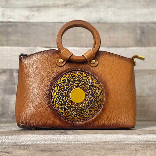 One of a Kind "MAIA" Genuine Tooled Mandala Leather Bag with Shoulder and Hand Straps
