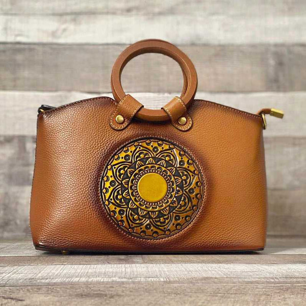 One of a Kind "MAIA" Genuine Tooled Mandala Leather Bag with Shoulder and Hand Straps