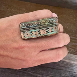 Big clay statement ring with Aztec design B