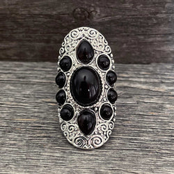 Silver black onyx flower closed ring - Size 8