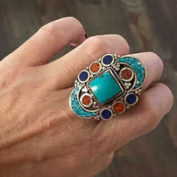 Big statement Tibetan ring with Turquoise, Coral and Lapis Lazuli gemstone inlay