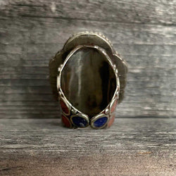 Big statement Tibetan ring with Turquoise, Coral and Lapis Lazuli gemstone inlay