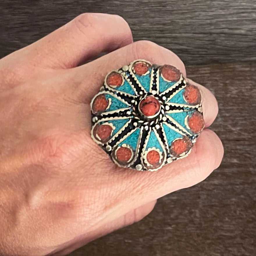 Big statement Flower Tibetan ring with Turquoise, Coral and Lapis Lazuli gemstone