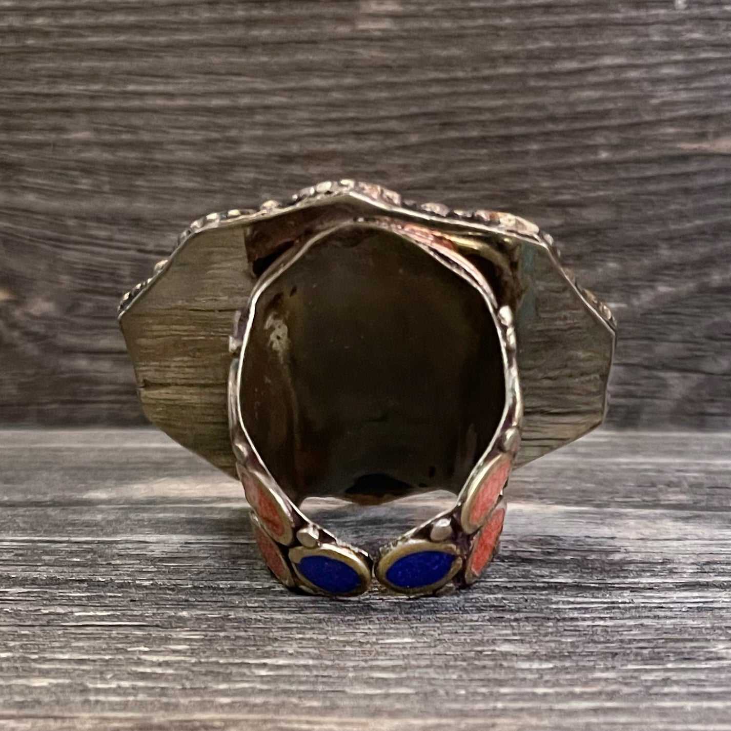 Big statement Flower Tibetan ring with Turquoise, Coral and Lapis Lazuli gemstone