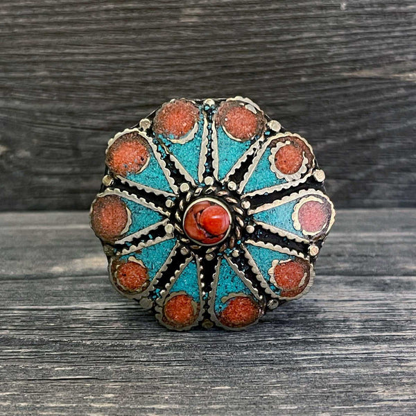 Big statement Flower Tibetan ring with Turquoise, Coral and Lapis Lazuli gemstone