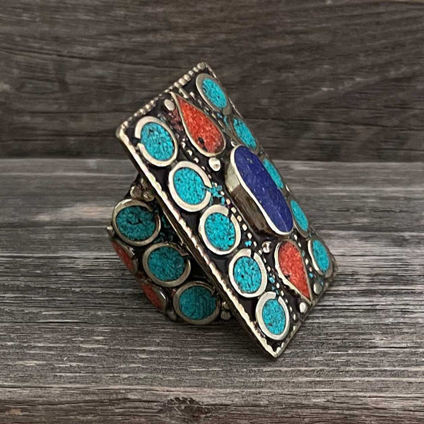 Big statement rectangular Tibetan ring with Turquoise, Coral and Lapis Lazuli gemstone