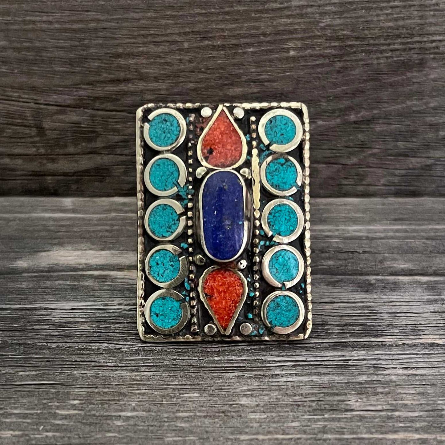 Big statement rectangular Tibetan ring with Turquoise, Coral and Lapis Lazuli gemstone