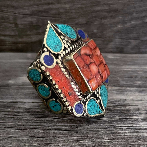 Big statement hexagon Tibetan ring with Turquoise, Coral and Lapis Lazuli gemstone