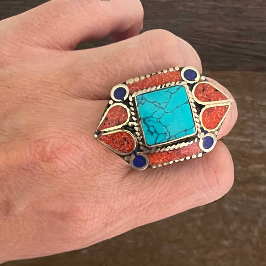 Big statement hexagon Tibetan ring with Turquoise, Coral and Lapis Lazuli gemstone