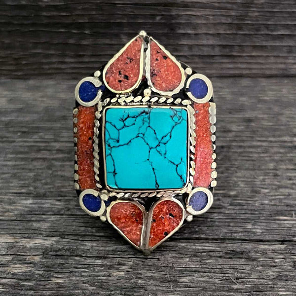 Big statement hexagon Tibetan ring with Turquoise, Coral and Lapis Lazuli gemstone