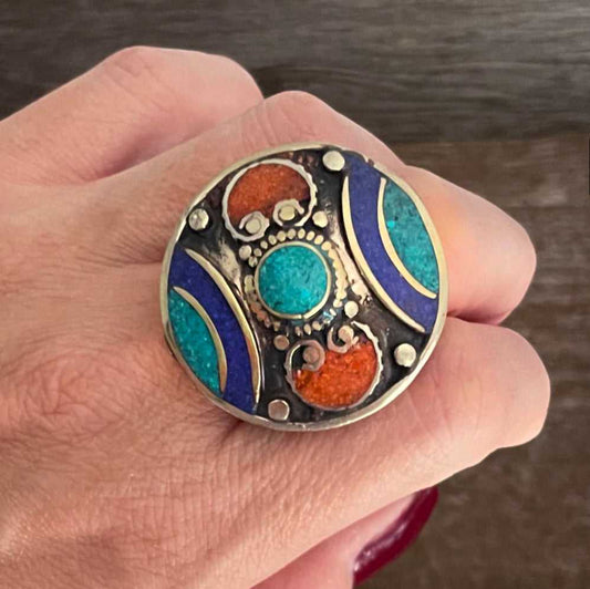 Big statement round B Tibetan ring with Turquoise, Coral and Lapis Lazuli gemstone