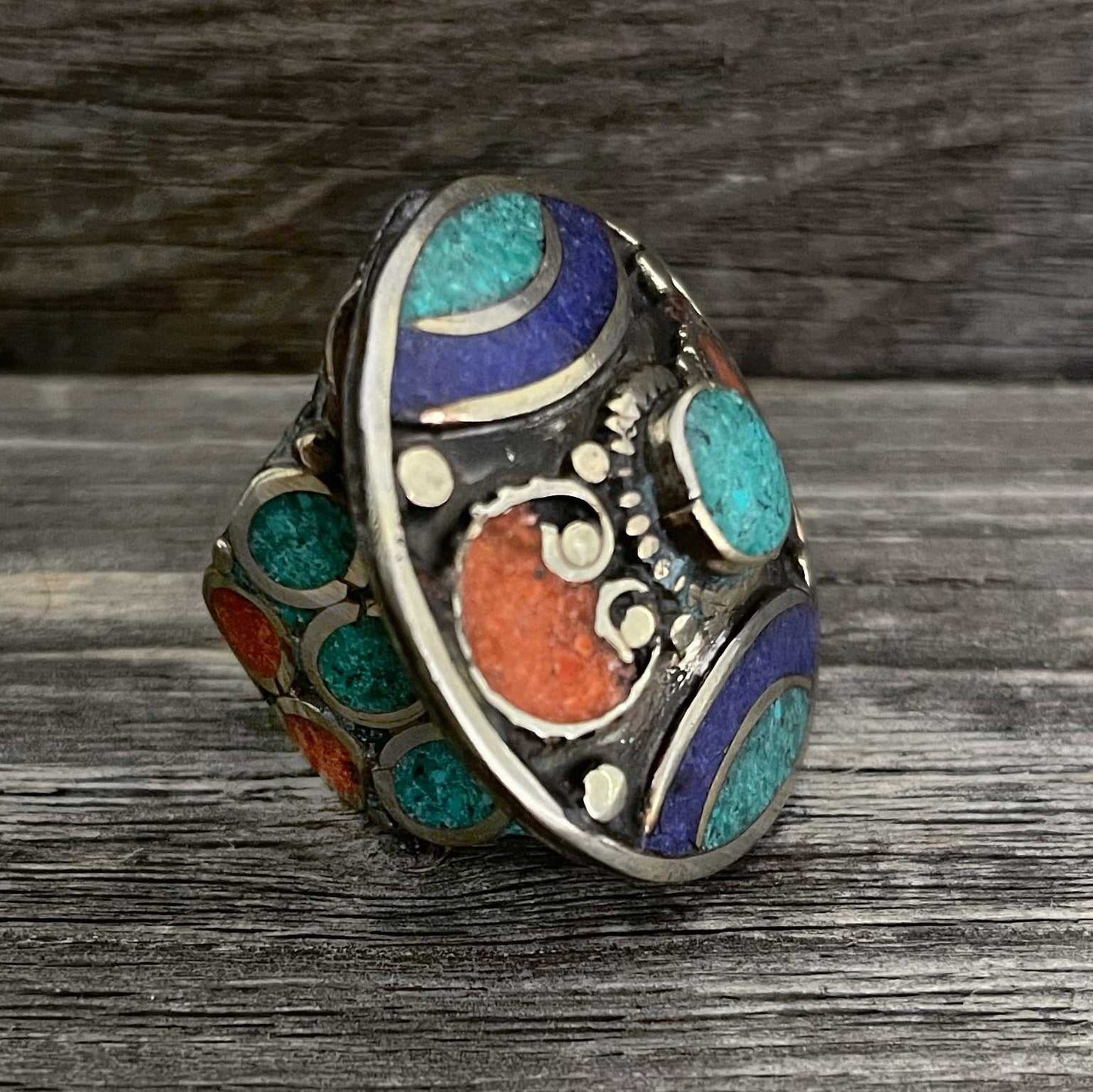 Big statement round B Tibetan ring with Turquoise, Coral and Lapis Lazuli gemstone