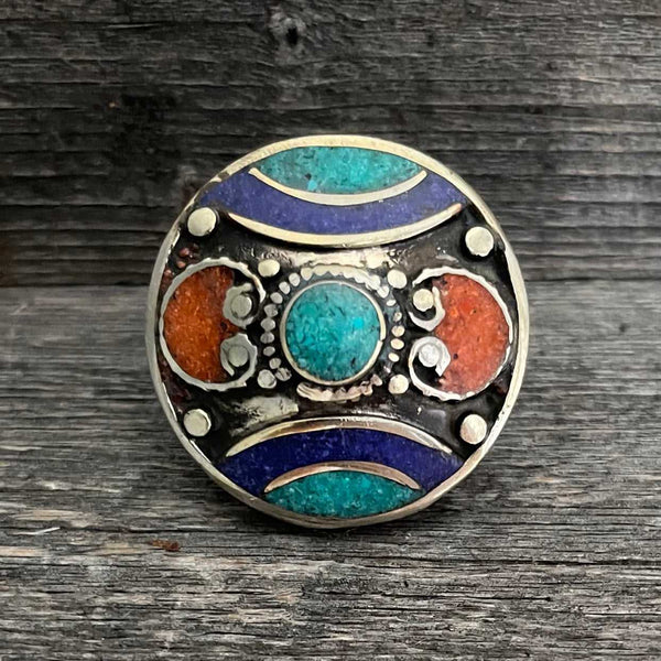 Big statement round B Tibetan ring with Turquoise, Coral and Lapis Lazuli gemstone